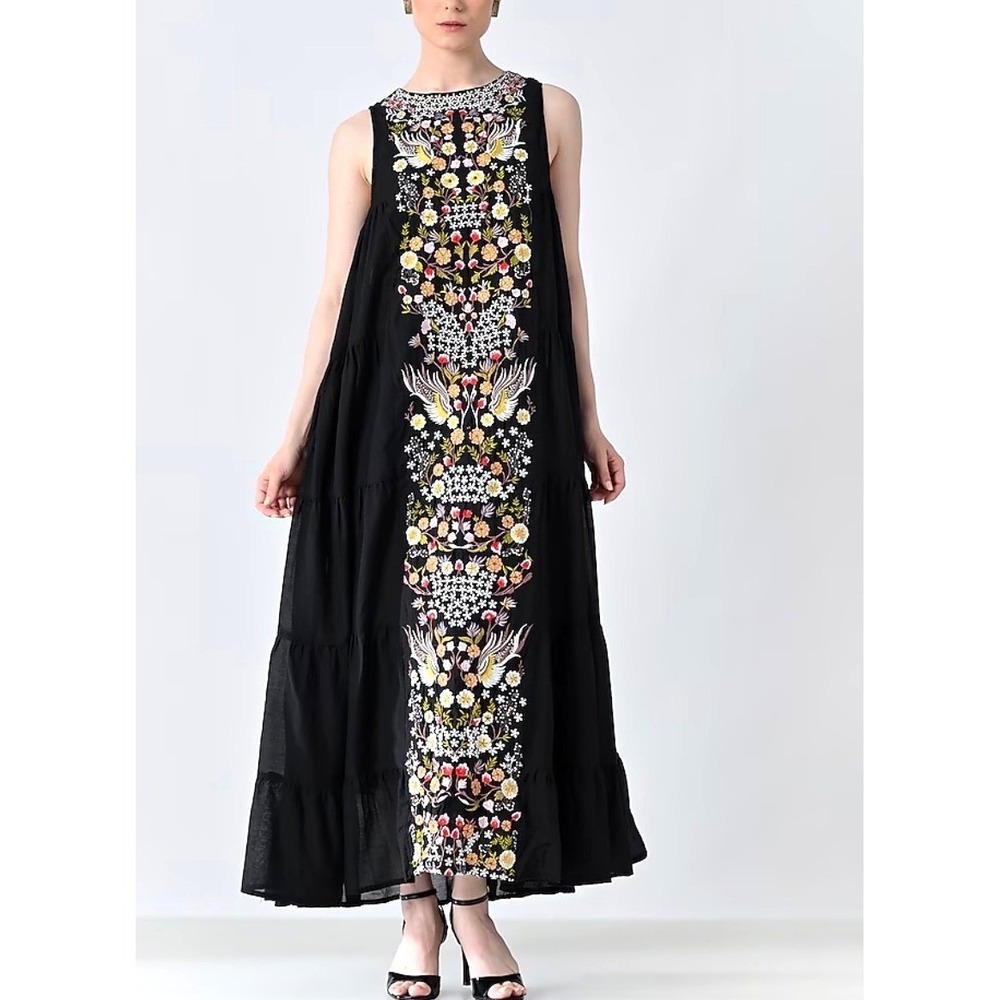 Anthropologie Samant Chauhan Black Embroidered Floral Tiered Maxi Dress Women 12